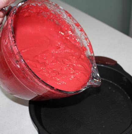 Pour your vibrant red batter into your prepared cake pans and bake in a 350 oven until done.